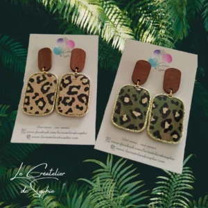 Boucles-d-oreilles-Leopard-rectangulaire-Kaki-Beige-bois